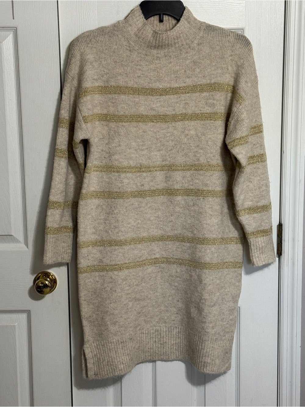 Grace + Karma Beige Metallic-Stripe Long Sleeve Sweater Dress